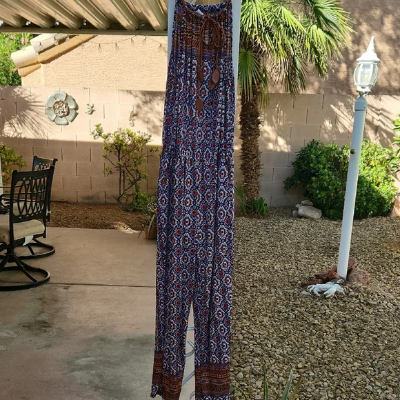 Women's Boho Printed Wide-Leg Jumpsuit - Blue Multi - Picture 1 of 11